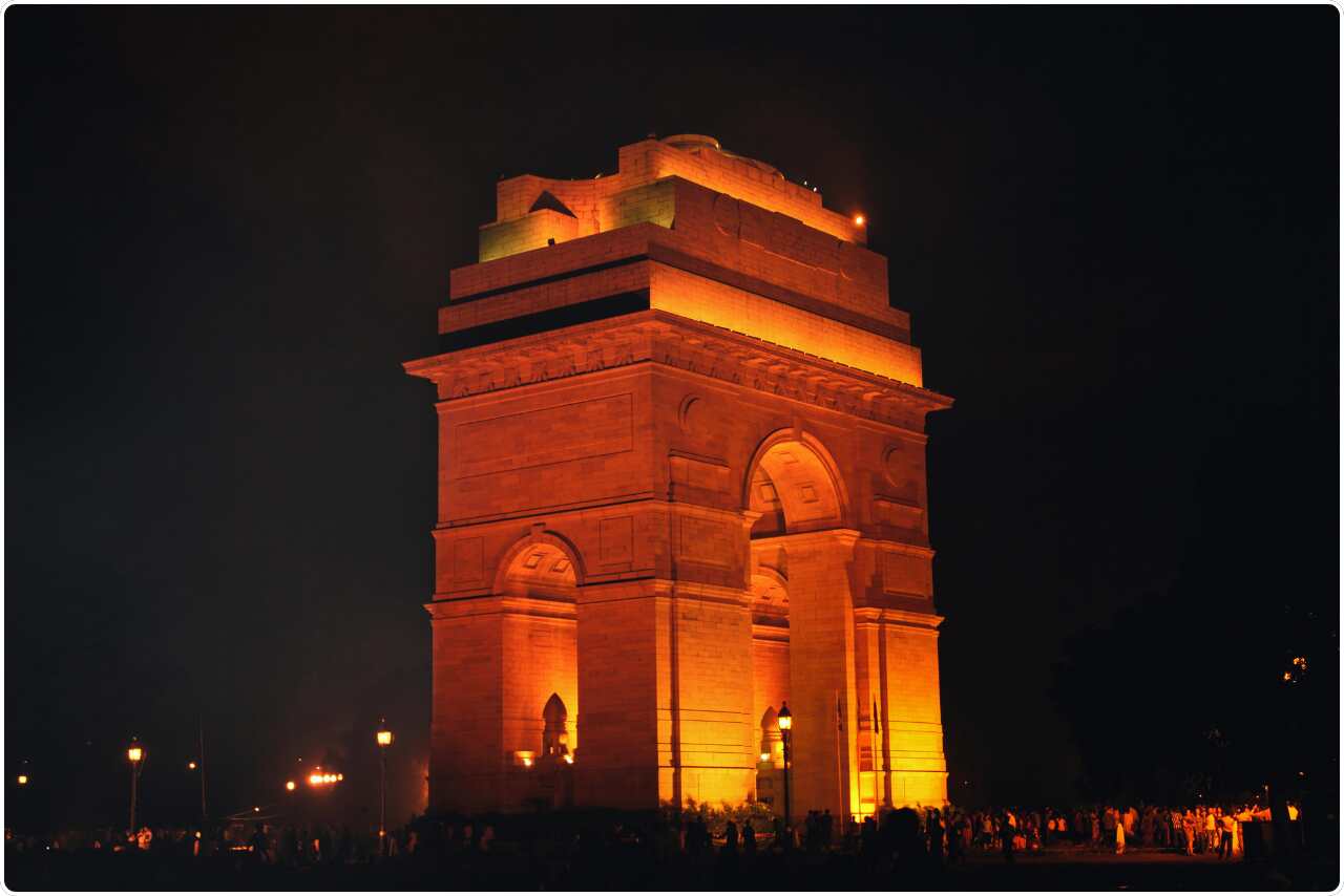 A nighttime perspective of India Gate, showcasing its historical significance.